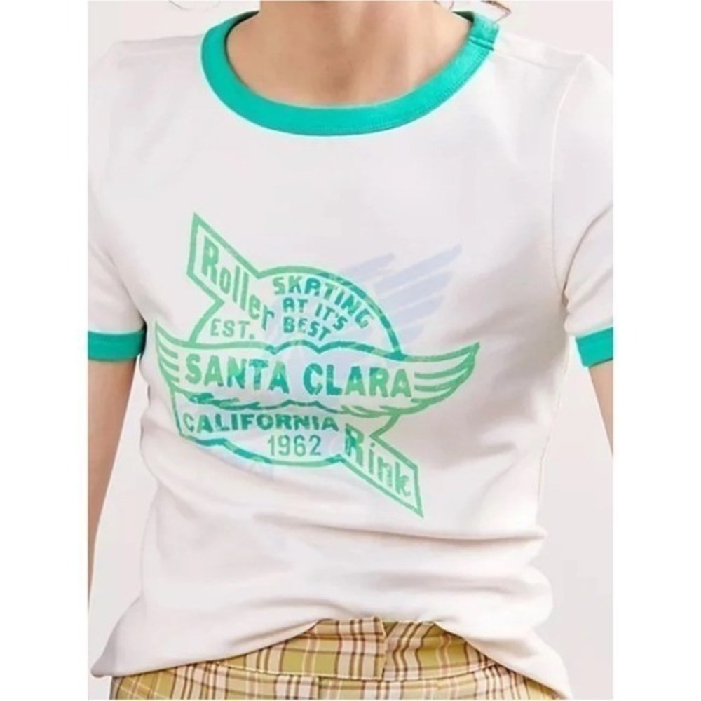 Maeve Anthropologie Womens Ringer Baby Tee Roller Skate Cream Green XS Retro Y2K